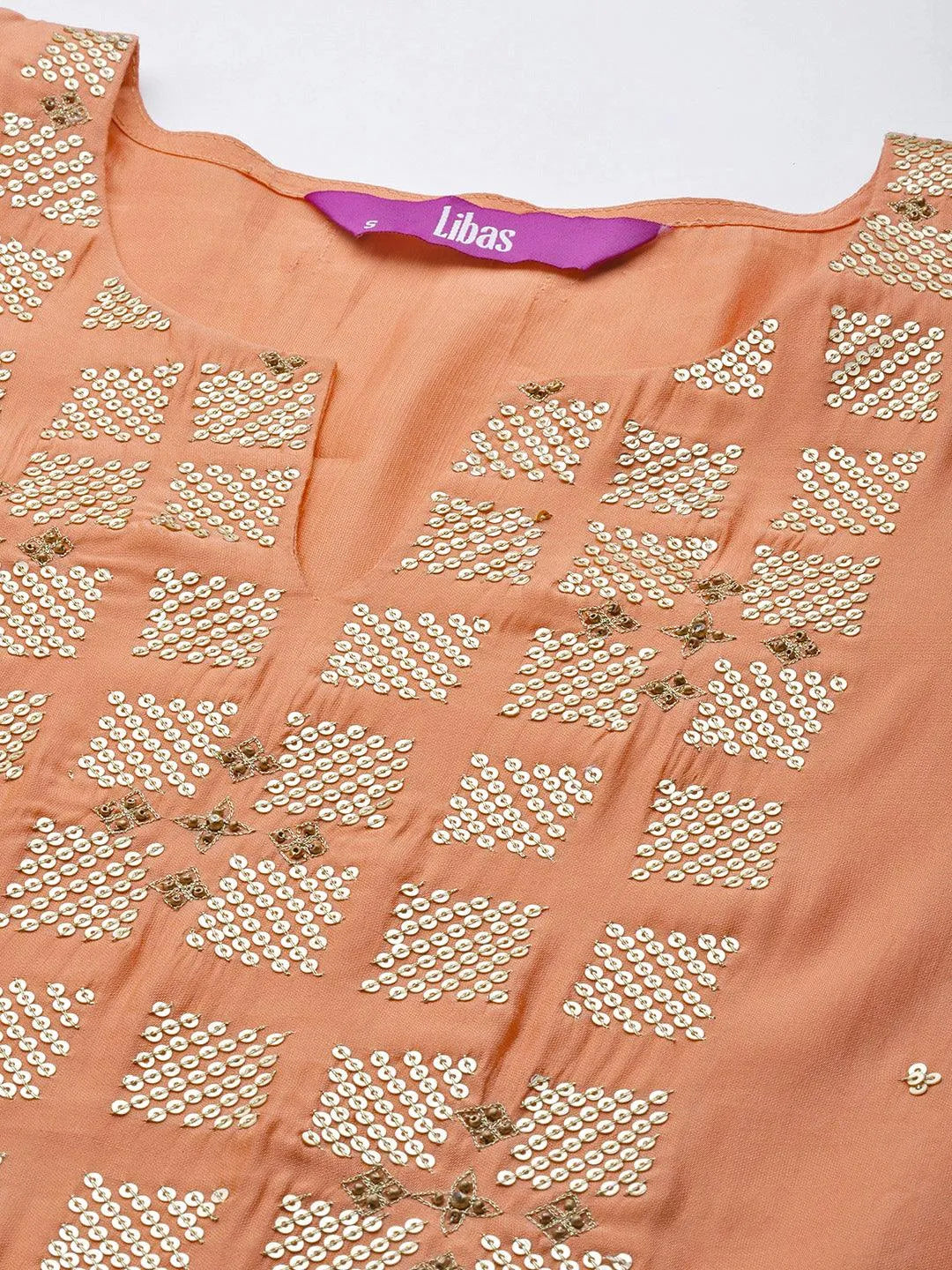 Peach Yoke Design Chanderi Silk Straight Suit Set - Libas 