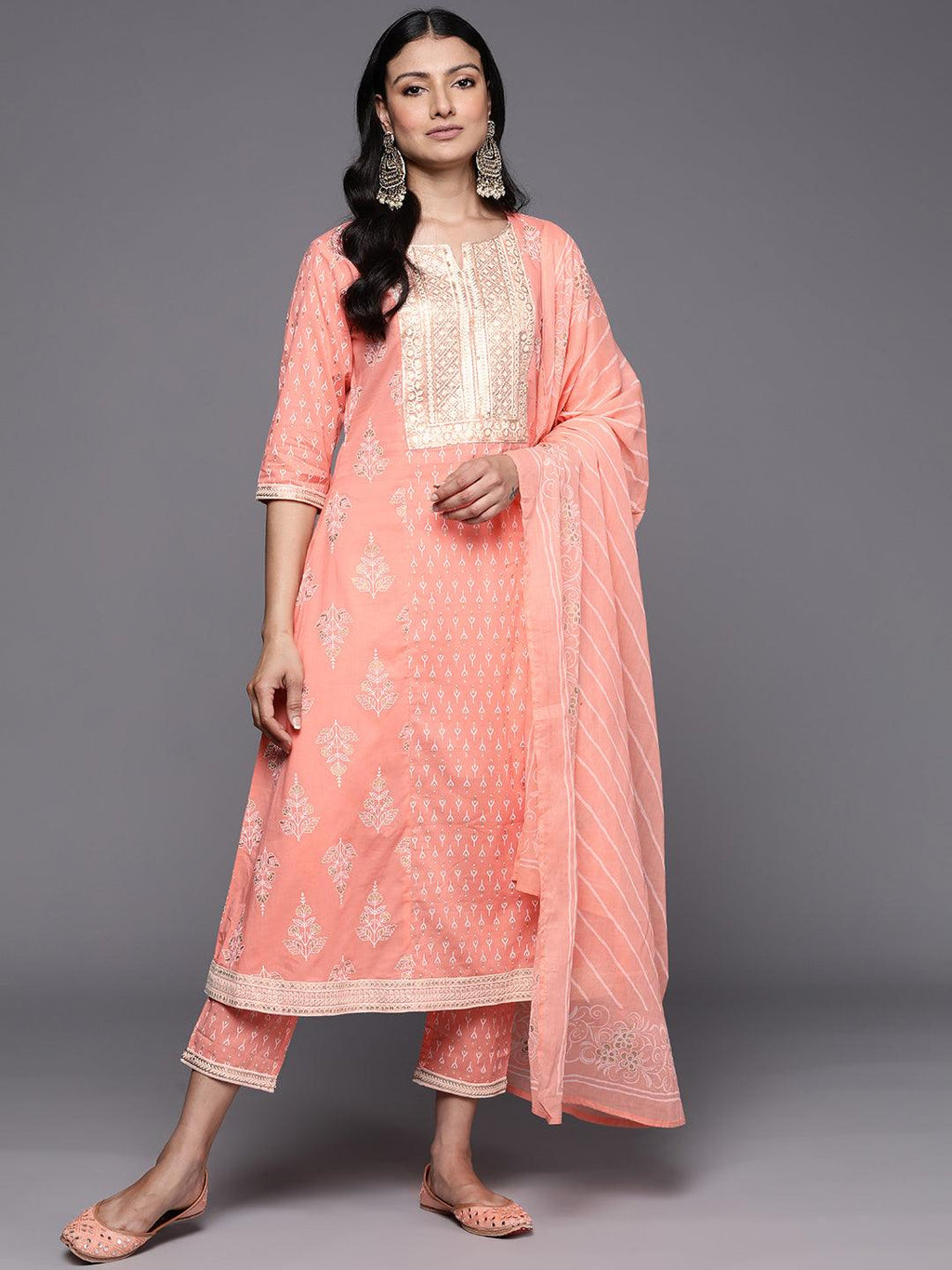 Buy Peach Yoke Design Cotton A-Line Kurta With Trousers & Dupatta Online at  Rs.1079