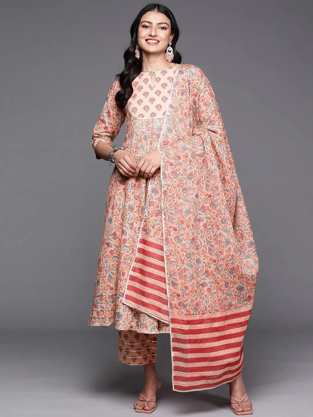 Peach Yoke Design Cotton Anarkali Suit Set With Trousers - Libas