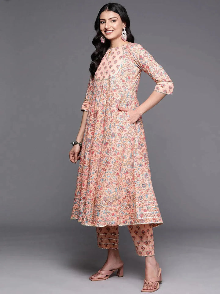 Peach Yoke Design Cotton Anarkali Suit Set With Trousers - Libas