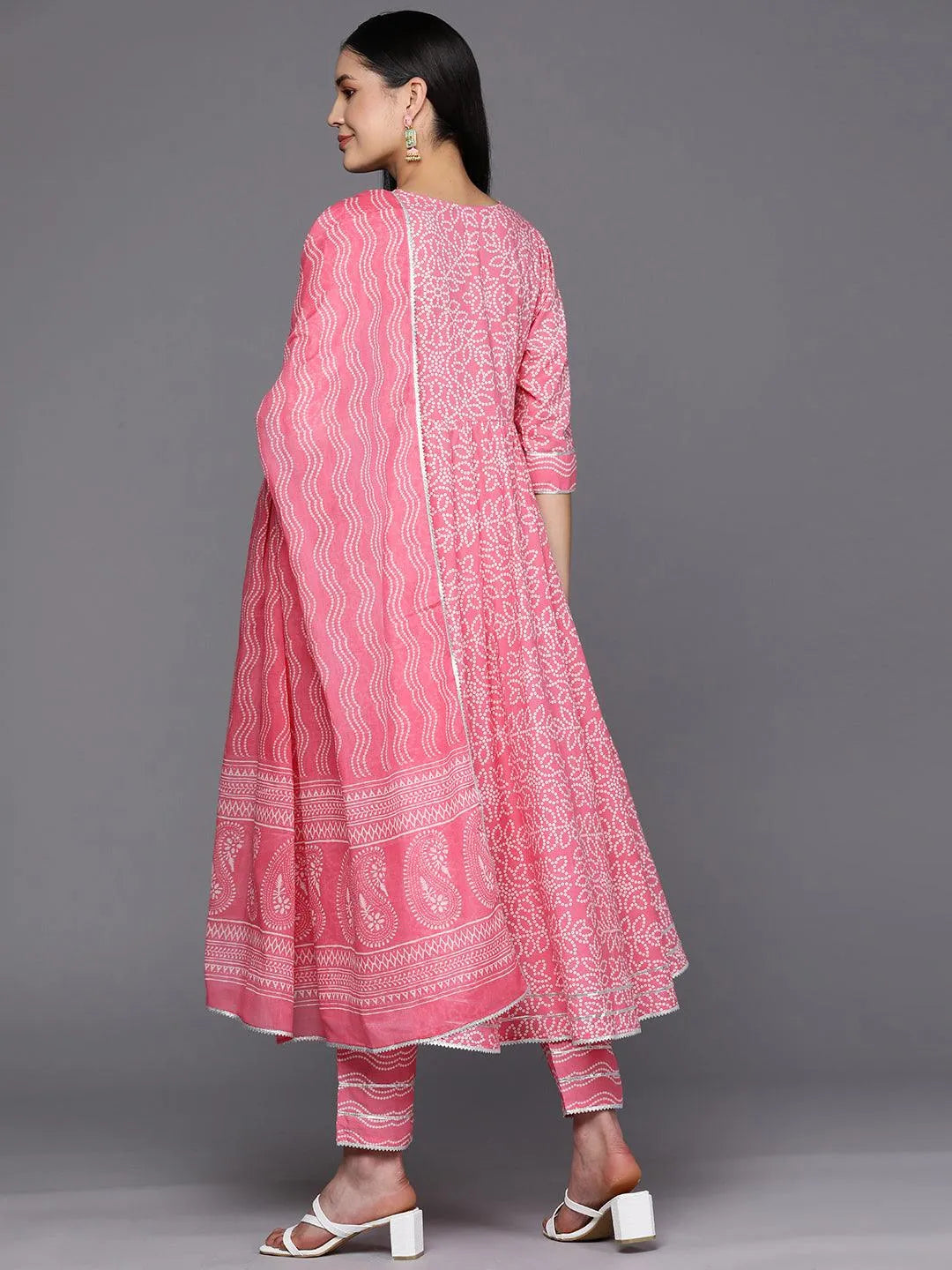 

Peach Yoke Design Cotton Anarkali Kurta With Trousers & Dupatta