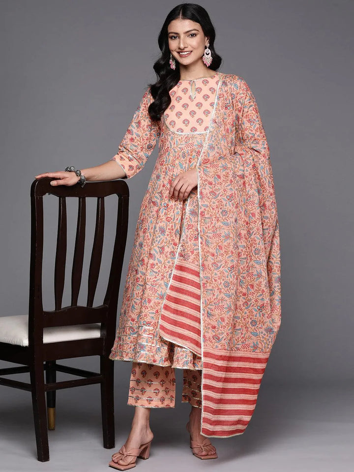 Peach Yoke Design Cotton Anarkali Suit Set With Trousers - Libas