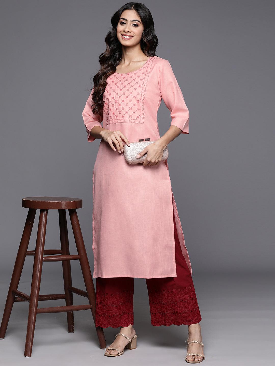 Peach Yoke Design Cotton Straight Kurta - Libas