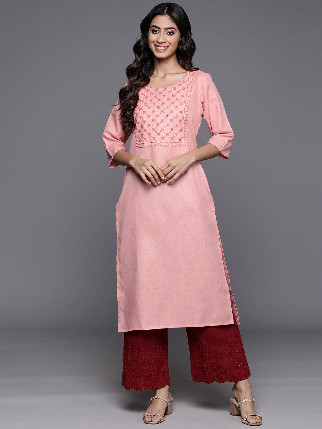 Peach Yoke Design Cotton Straight Kurta - Libas