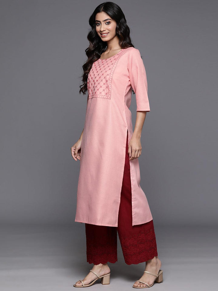 Peach Yoke Design Cotton Straight Kurta - Libas