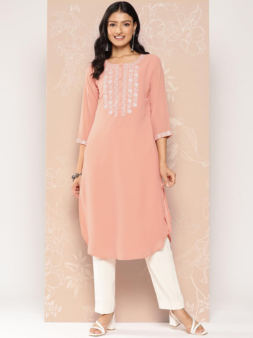 Peach Yoke Design Georgette Pathani Kurta - Libas