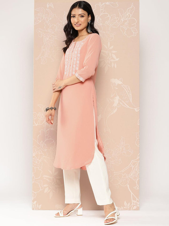 Peach Yoke Design Georgette Pathani Kurta - Libas