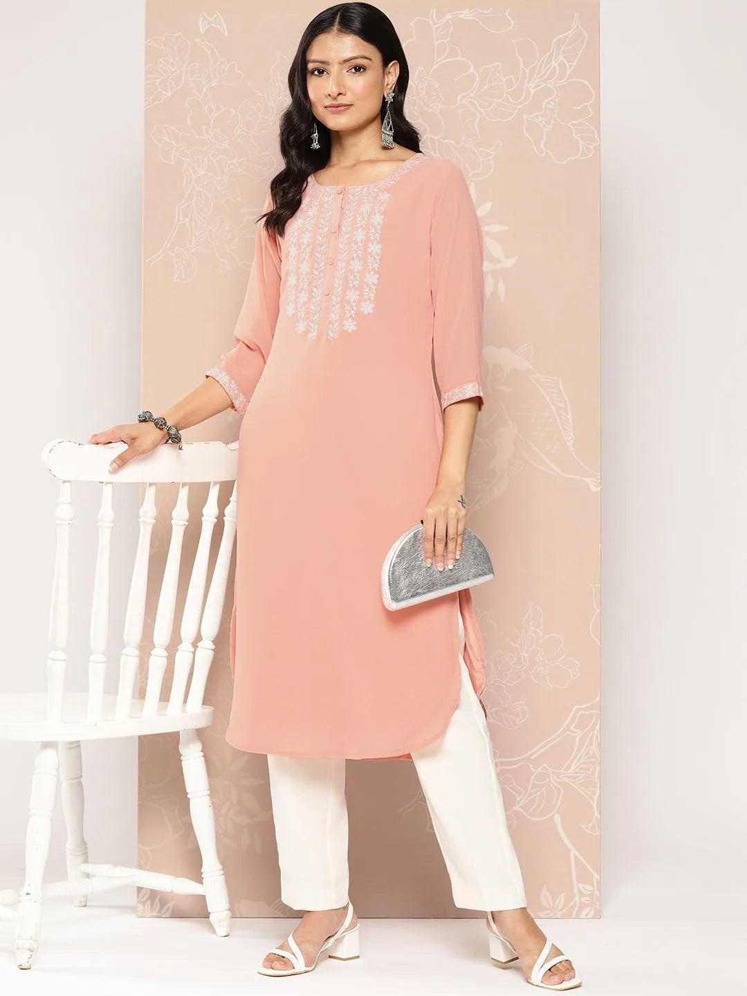 Peach Yoke Design Georgette Pathani Kurta - Libas