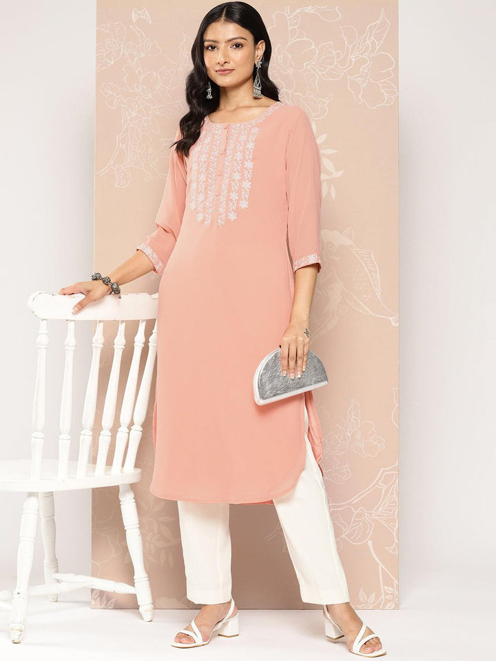 Peach Yoke Design Georgette Pathani Kurta - Libas