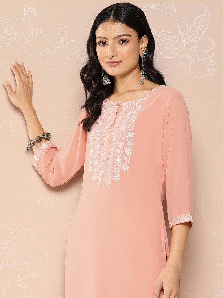 Peach Yoke Design Georgette Pathani Kurta - Libas