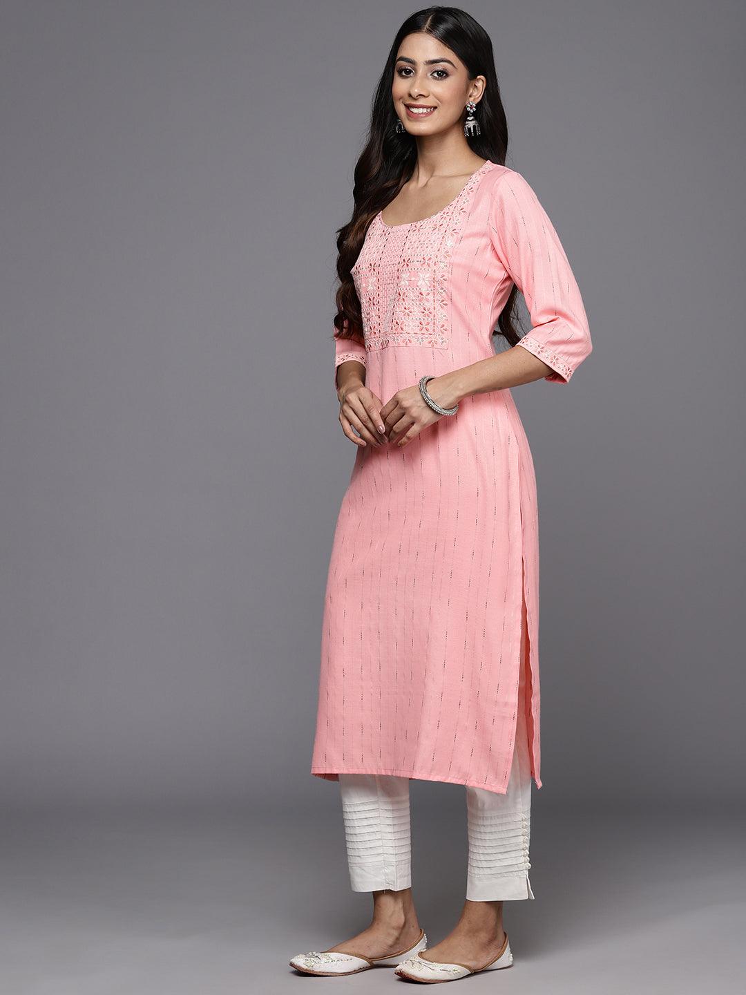 Peach Yoke Design Rayon Straight Kurta - Libas