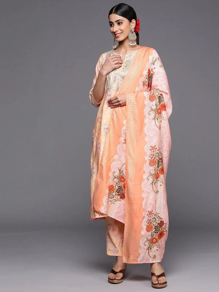 Peach Yoke Design Silk Blend Straight Suit Set With Trousers - Libas