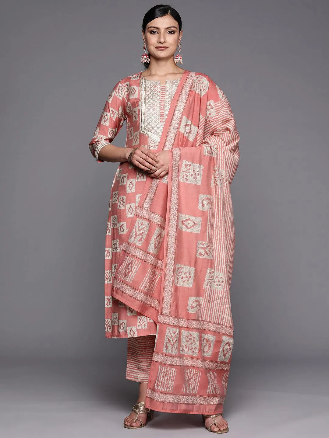 Peach Yoke Design Silk Blend Straight Suit Set With Trousers - Libas 