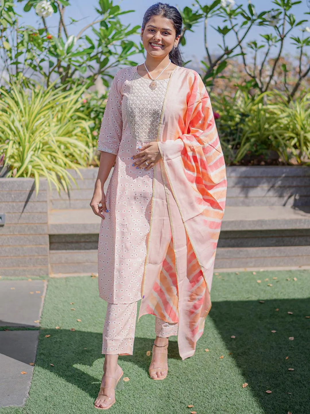 

Peach Yoke Design Silk Blend Straight Kurta With Trousers & Dupatta