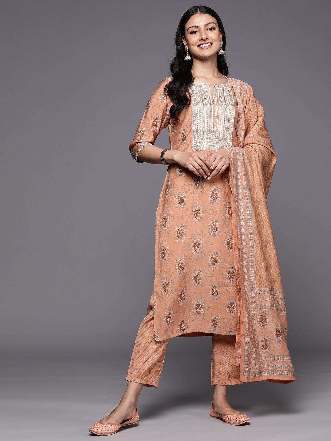 Peach Yoke Design Silk Blend Straight Suit Set With Trousers - Libas 