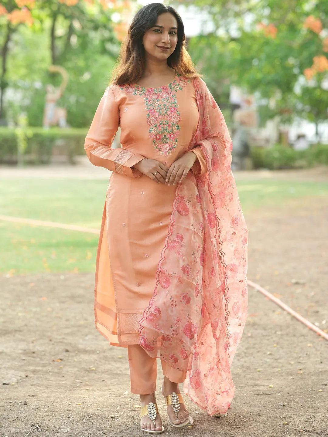 

Peach Yoke Design Silk Blend Straight Kurta With Trousers & Dupatta