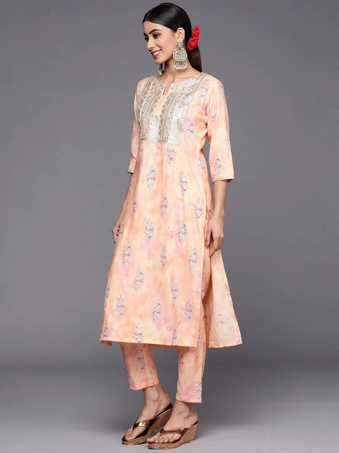 Peach Yoke Design Silk Blend Straight Suit Set With Trousers - Libas