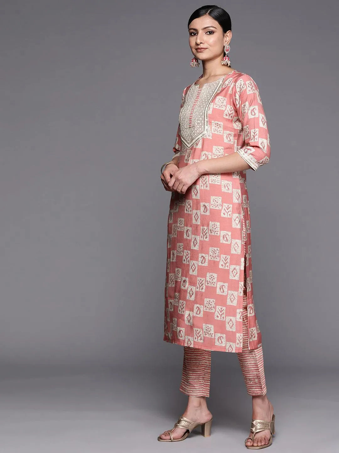 Peach Yoke Design Silk Blend Straight Suit Set With Trousers - Libas