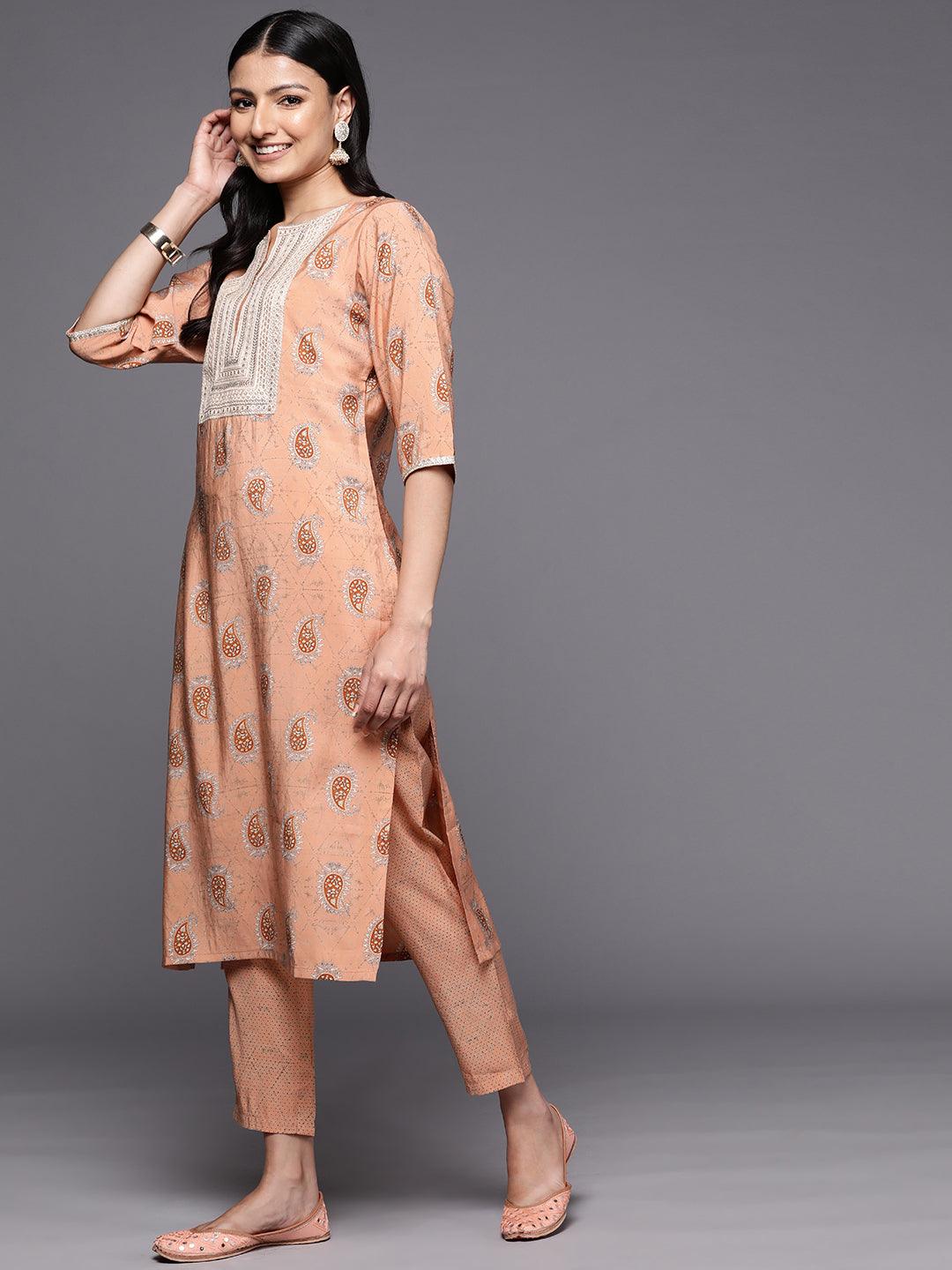 Peach Yoke Design Silk Blend Straight Suit Set With Trousers - Libas