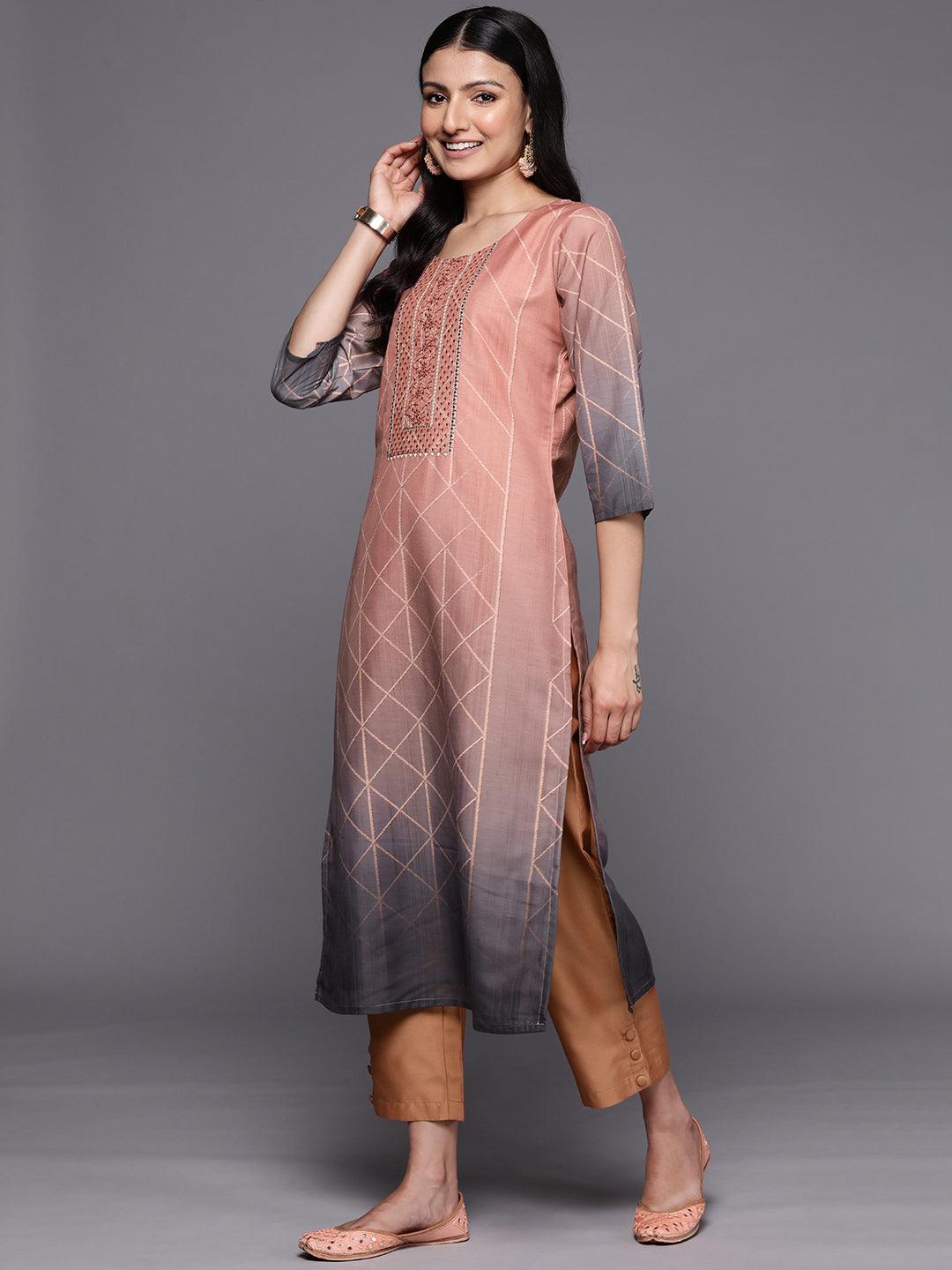 Peach Yoke Design Silk Blend Straight Suit Set With Trousers - Libas 