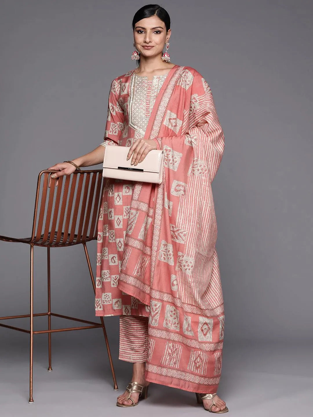 Peach Yoke Design Silk Blend Straight Suit Set With Trousers - Libas 