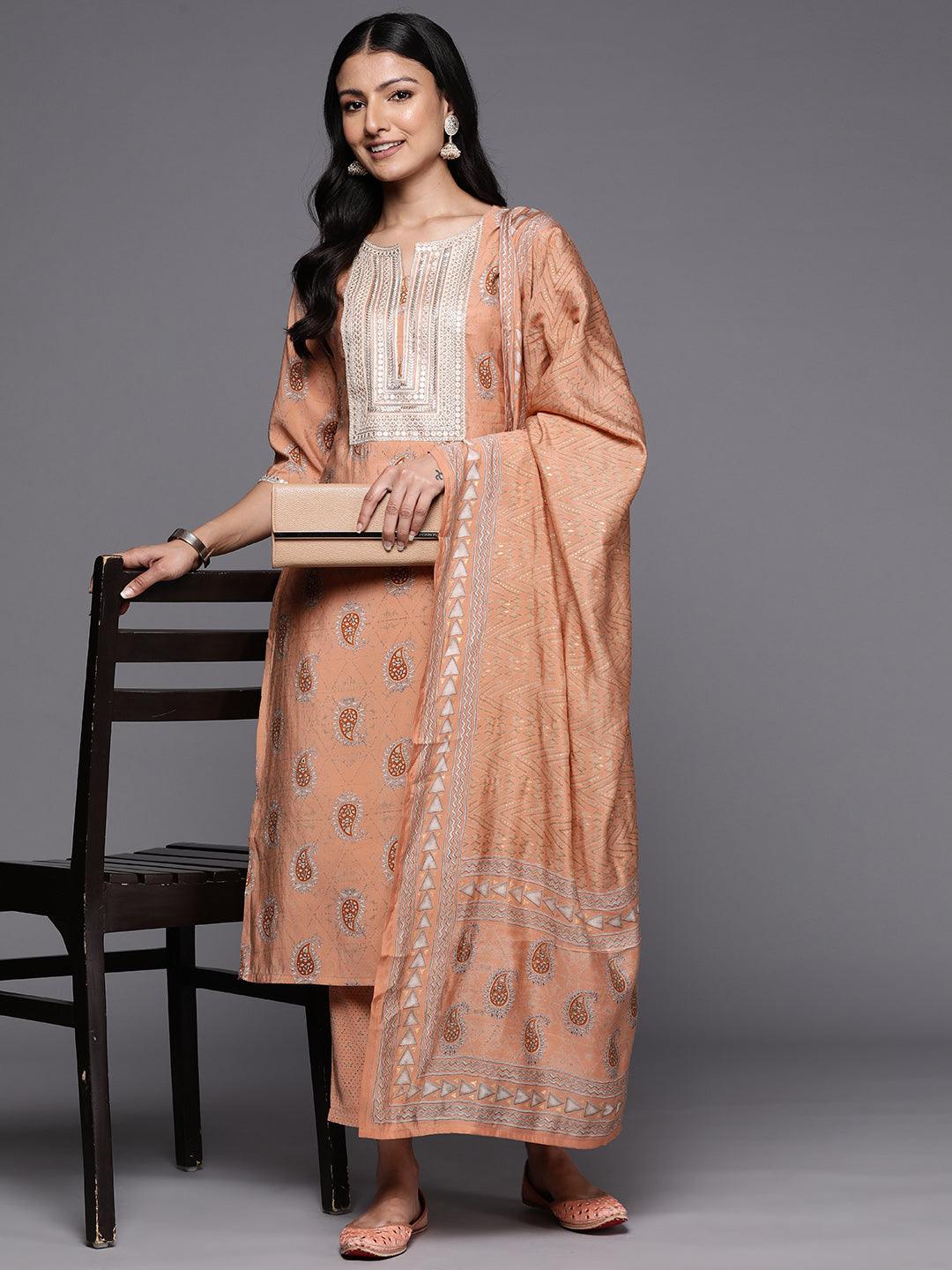 Peach Yoke Design Silk Blend Straight Suit Set With Trousers - Libas 