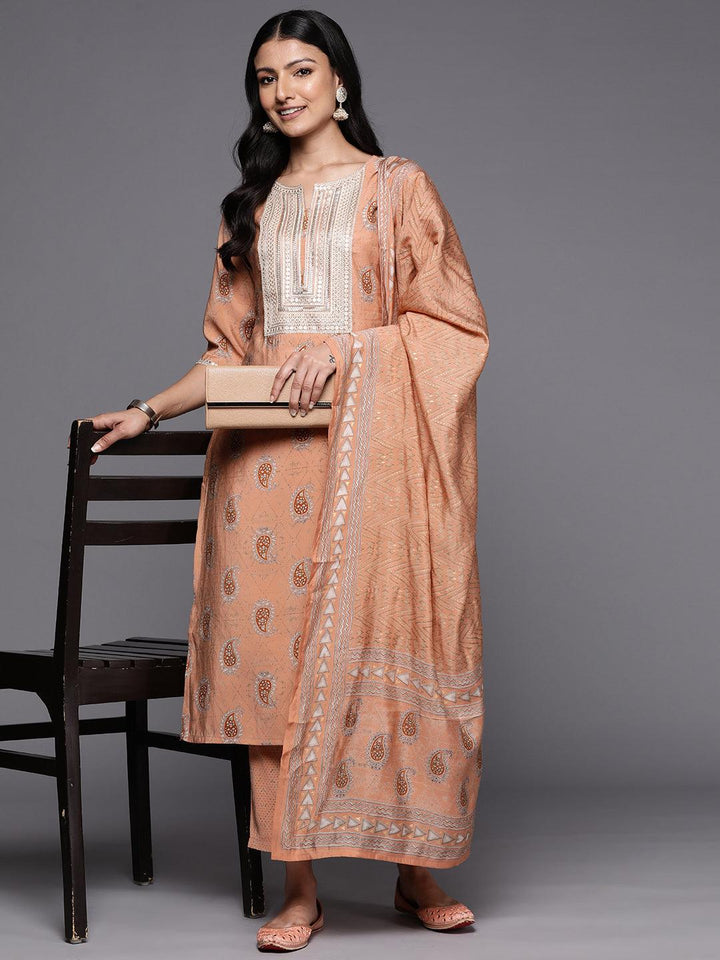 Peach Yoke Design Silk Blend Straight Suit Set With Trousers - Libas