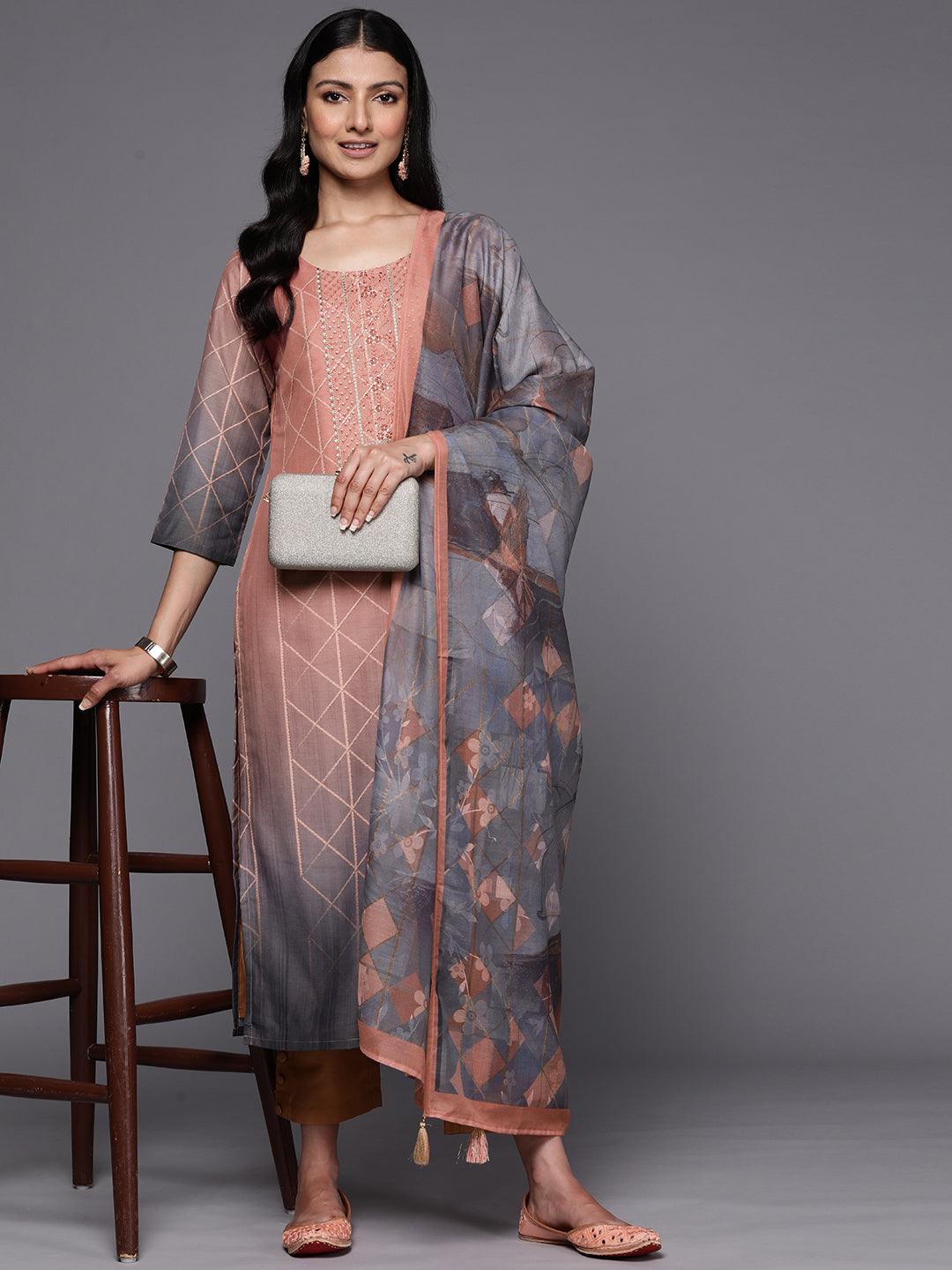 Peach Yoke Design Silk Blend Straight Suit Set With Trousers - Libas 