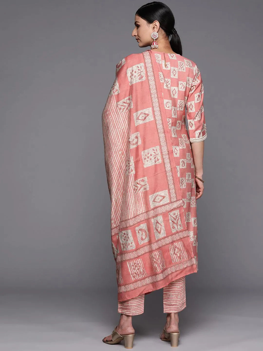 Peach Yoke Design Silk Blend Straight Suit Set With Trousers - Libas 