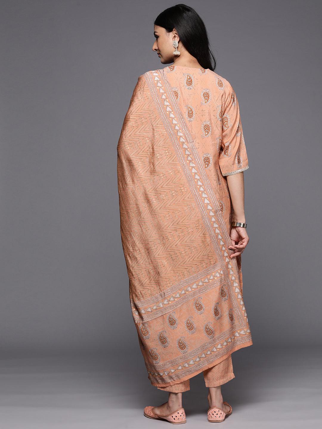 Peach Yoke Design Silk Blend Straight Suit Set With Trousers - Libas 