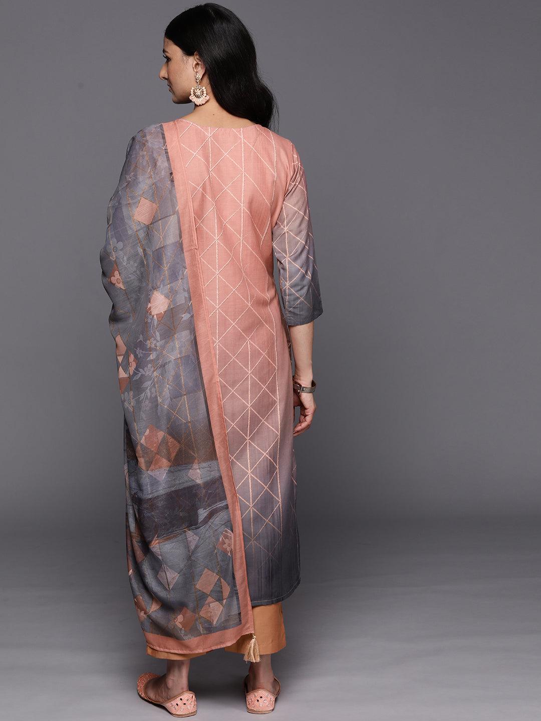 Peach Yoke Design Silk Blend Straight Suit Set With Trousers - Libas 