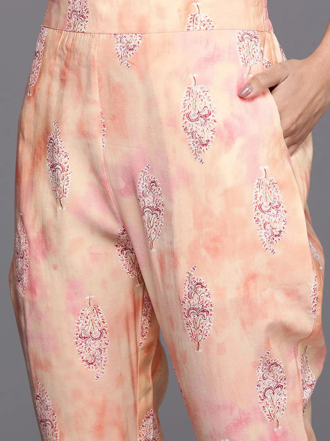 Peach Yoke Design Silk Blend Straight Suit Set With Trousers - Libas 