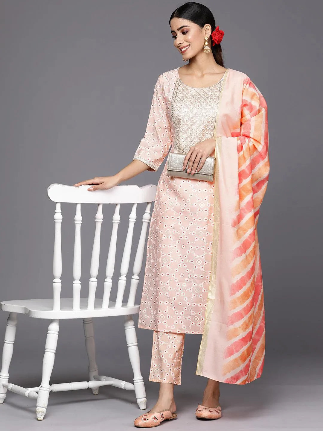 

Peach Yoke Design Silk Blend Straight Kurta With Trousers & Dupatta