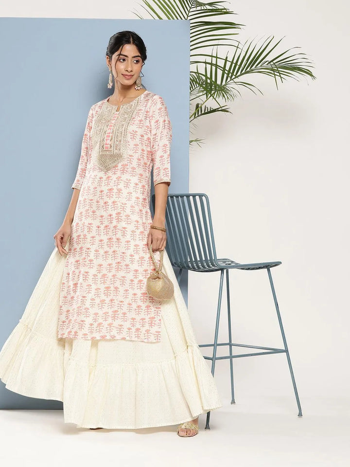 Peach Yoke Design Silk Straight Kurta - Libas