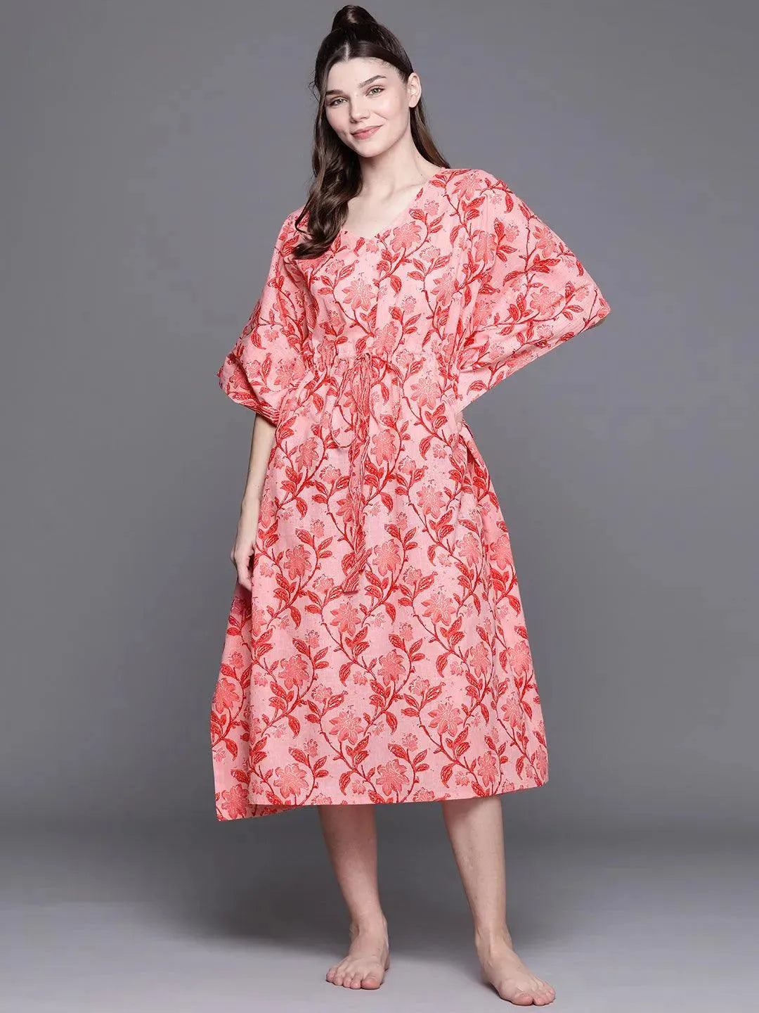 

Pink Cotton Printed Kaftan Nightdress