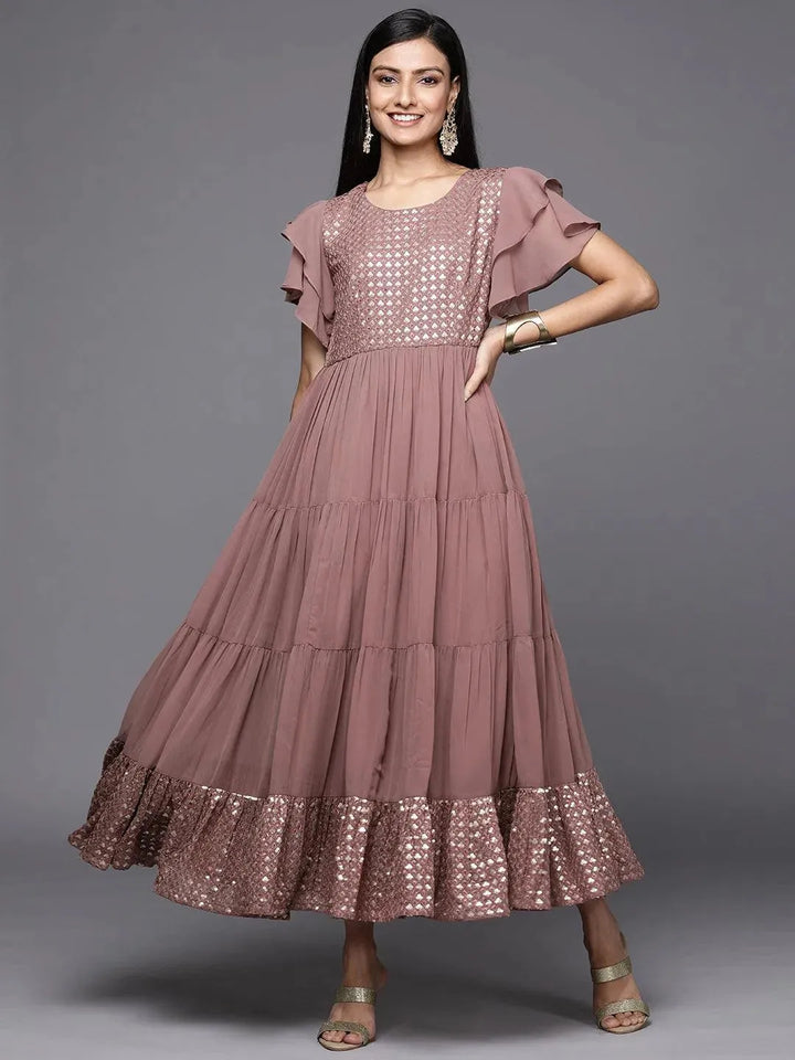 Pink Embellished Georgette Fit and Flare Dress - Libas