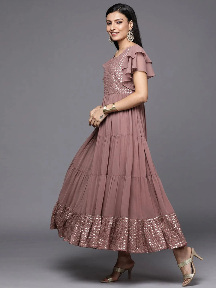 Pink Embellished Georgette Fit and Flare Dress - Libas