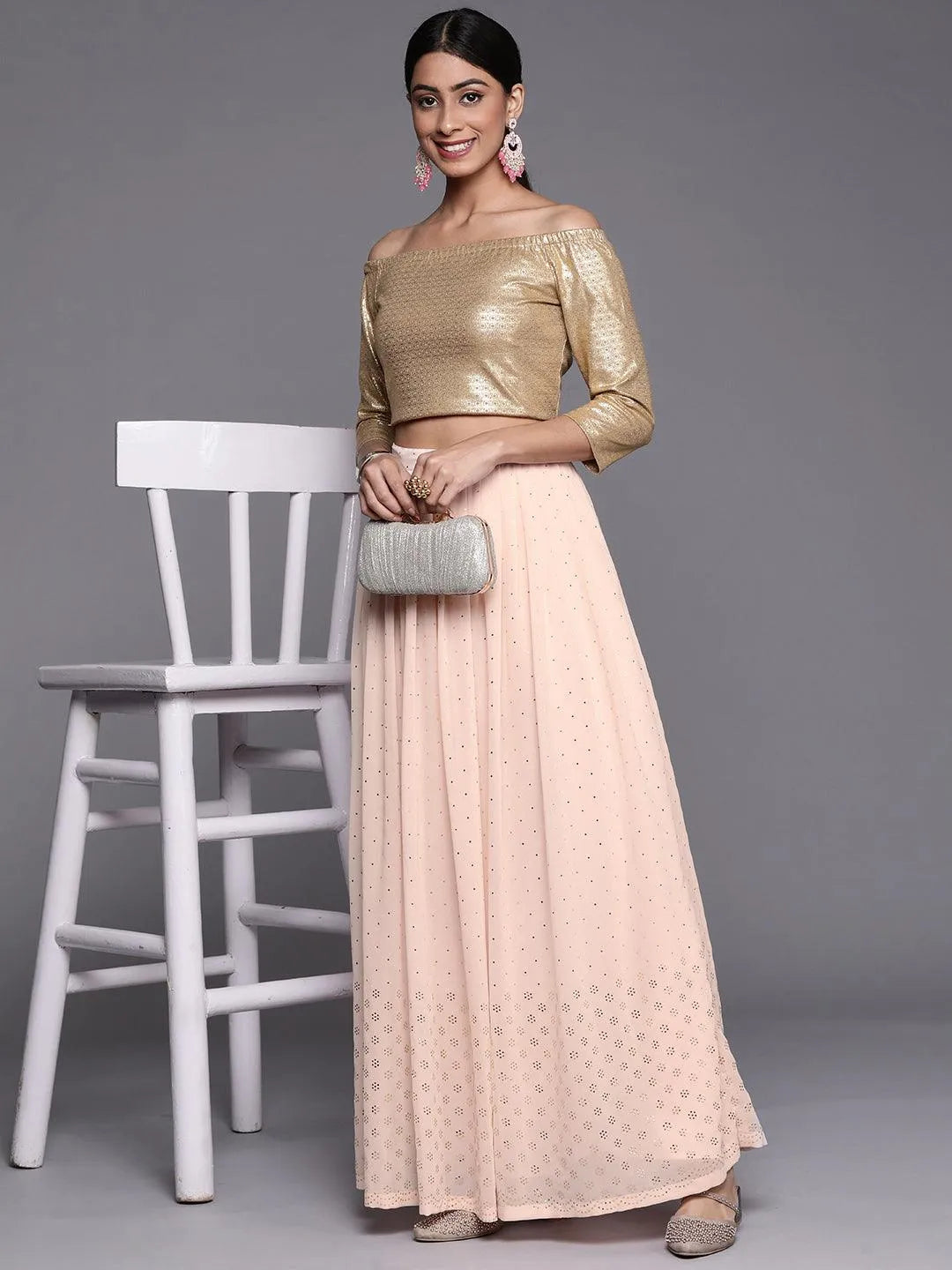 Pink Embellished Georgette Skirt - Libas 