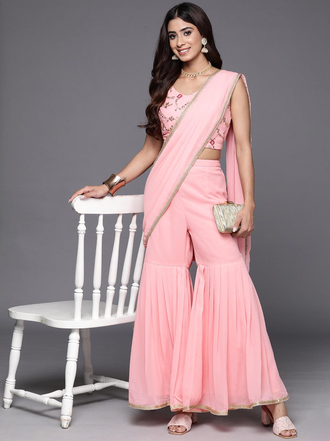 Pink Embellished Georgette Stitched Saree - Libas