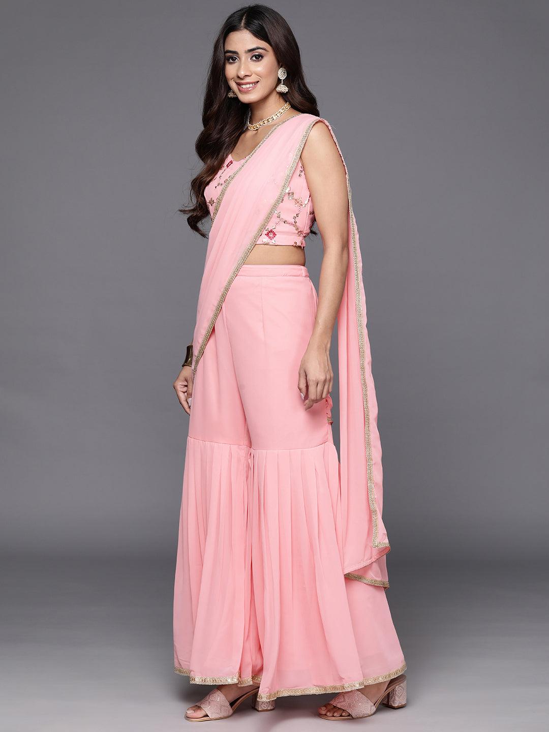 Pink Embellished Georgette Stitched Saree - Libas 