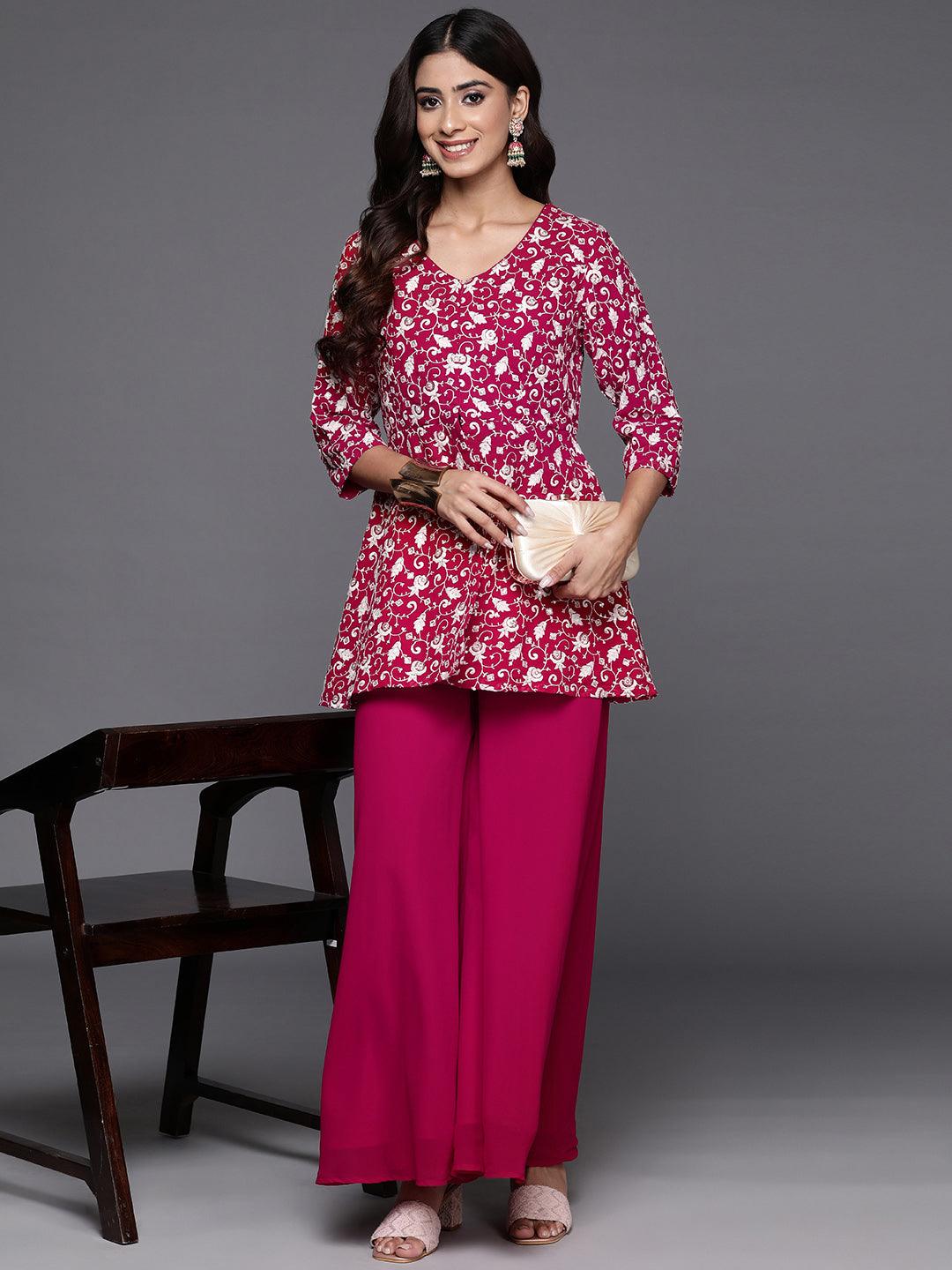 Pink Embellished Georgette Tunic With Palazzos - Libas