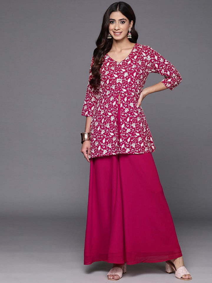 Pink Embellished Georgette Tunic With Palazzos - Libas