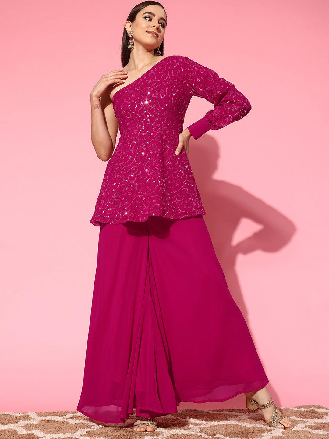 Pink Embellished Georgette Tunic With Palazzos - Libas 