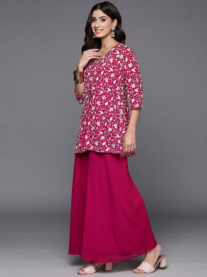 Pink Embellished Georgette Tunic With Palazzos - Libas