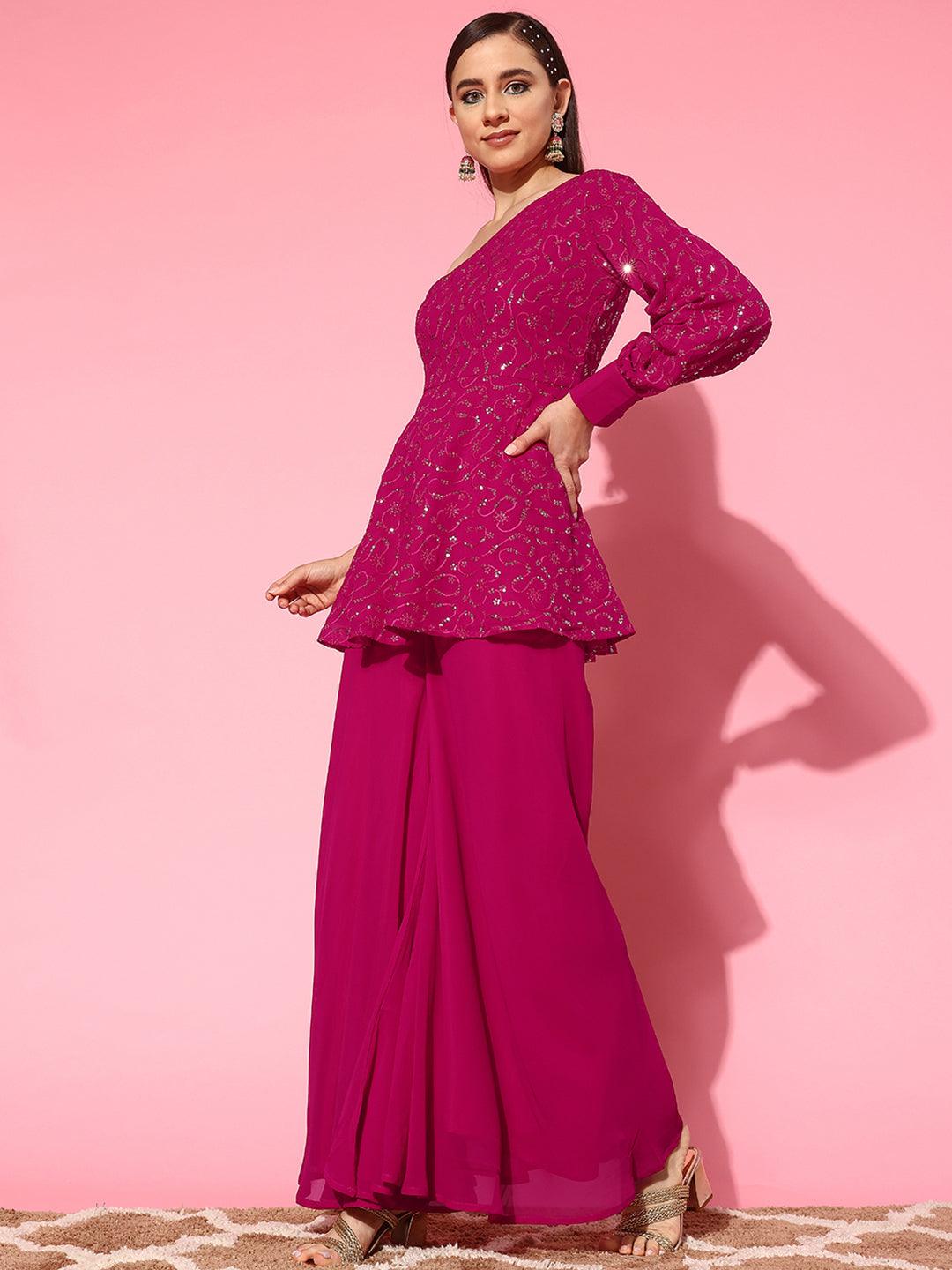 Pink Embellished Georgette Tunic With Palazzos - Libas 