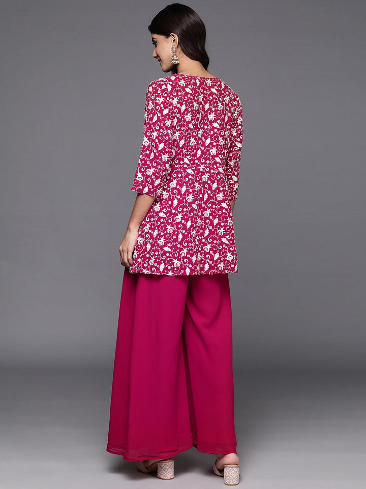 Pink Embellished Georgette Tunic With Palazzos - Libas