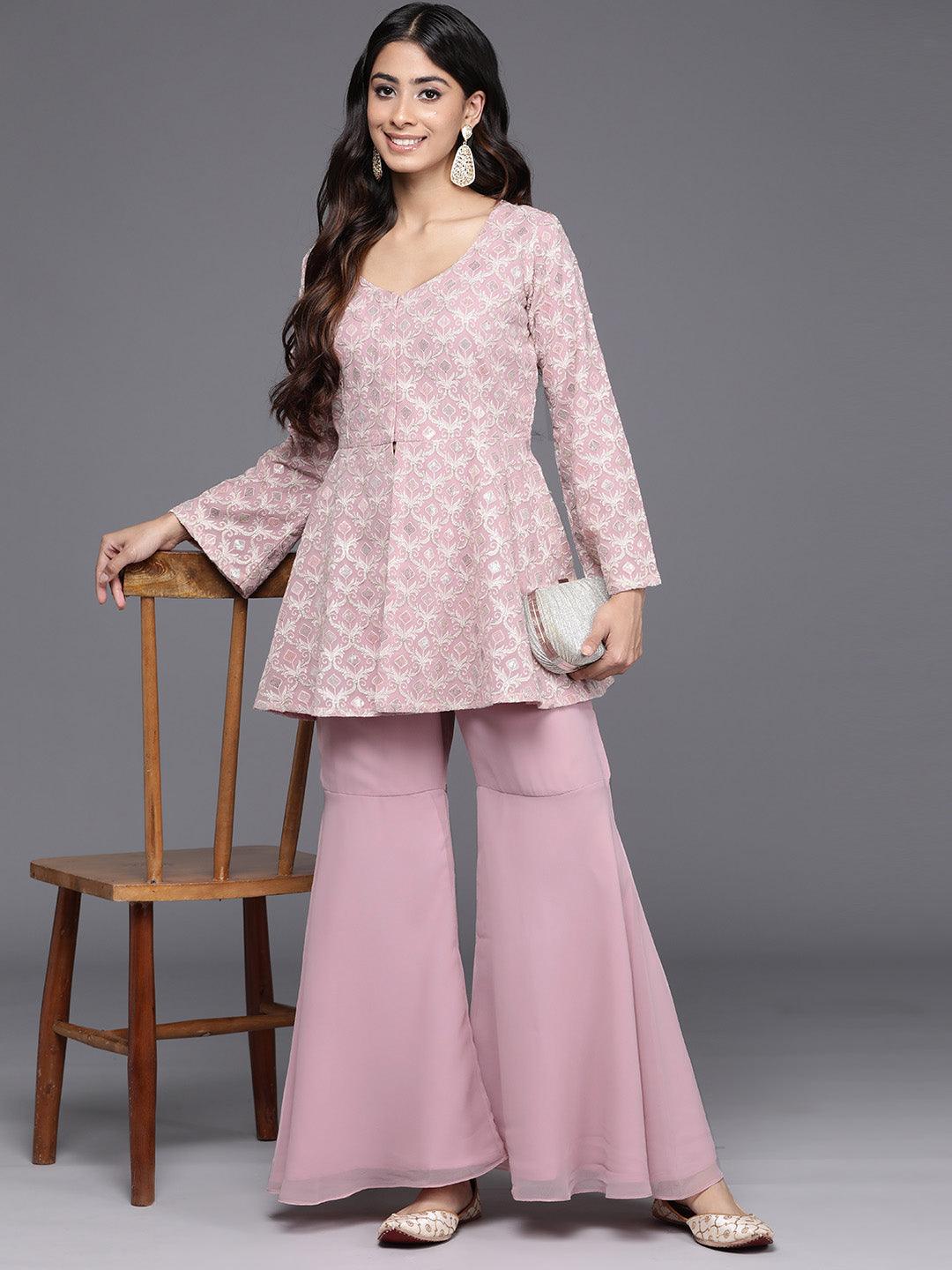 Pink Embellished Georgette Tunic With Palazzos - Libas