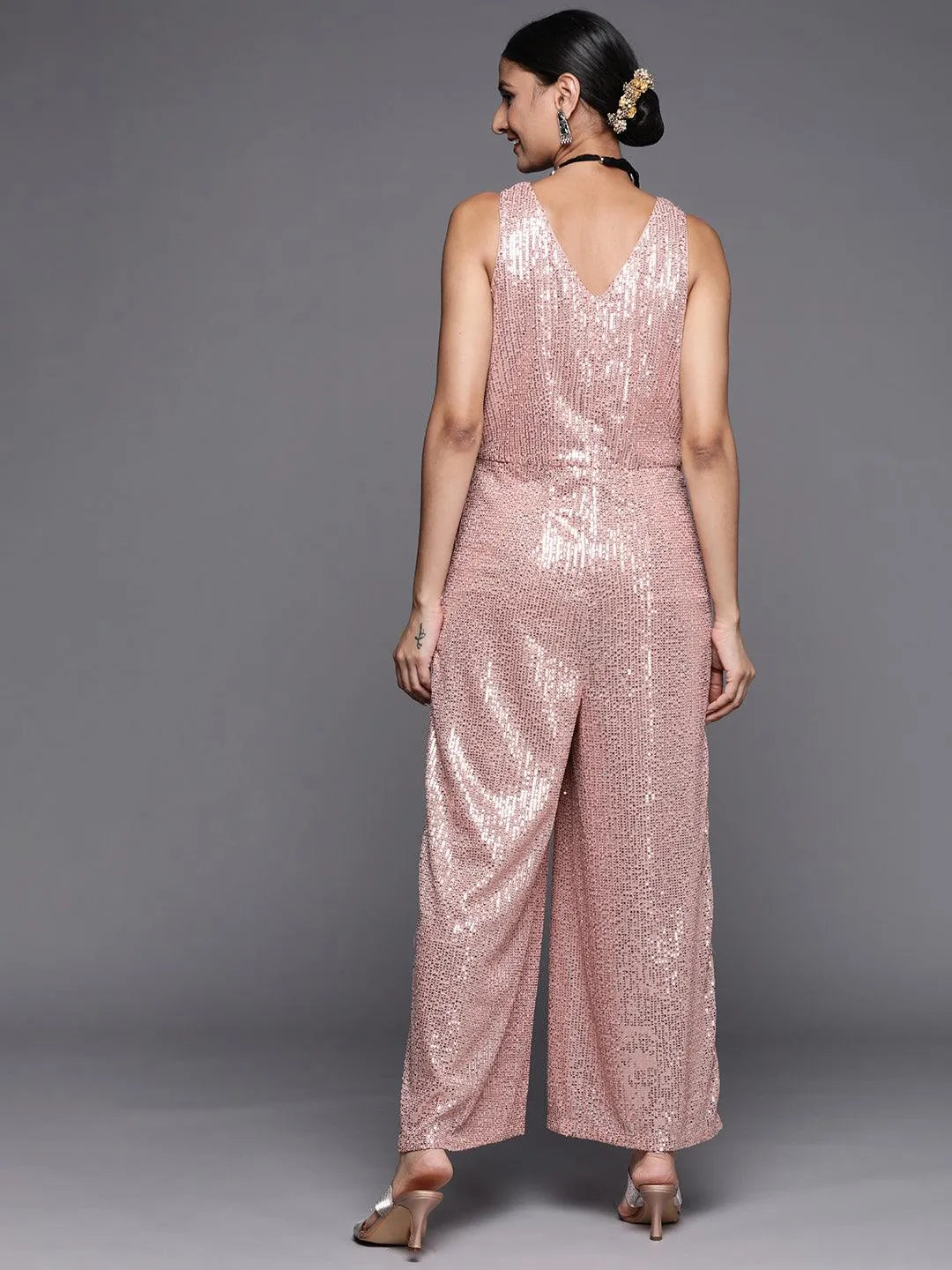 Pink Embellished Nylon Jumpsuit - Libas