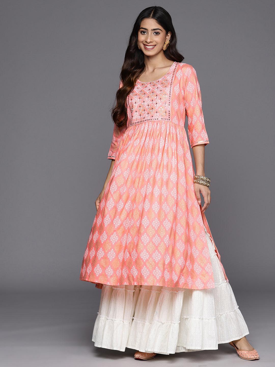 Pink Embellished Rayon A-Line Kurta - Libas