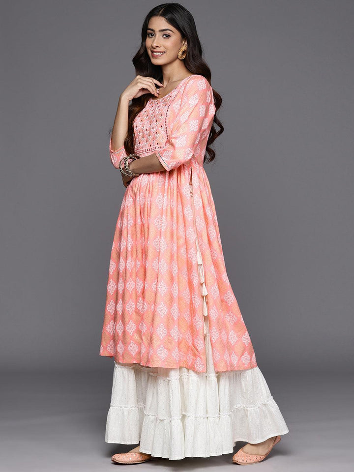 Pink Embellished Rayon A-Line Kurta - Libas